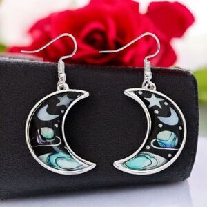 Crescent Moon Earrings Blue Starry Night Planets Pop Art Dangle Silver Jewelry
